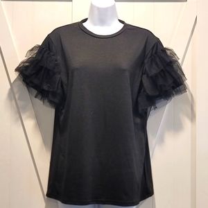 NWT Chris Remy Black Shirt with Tulle Ruffle Sleeves | Size Large